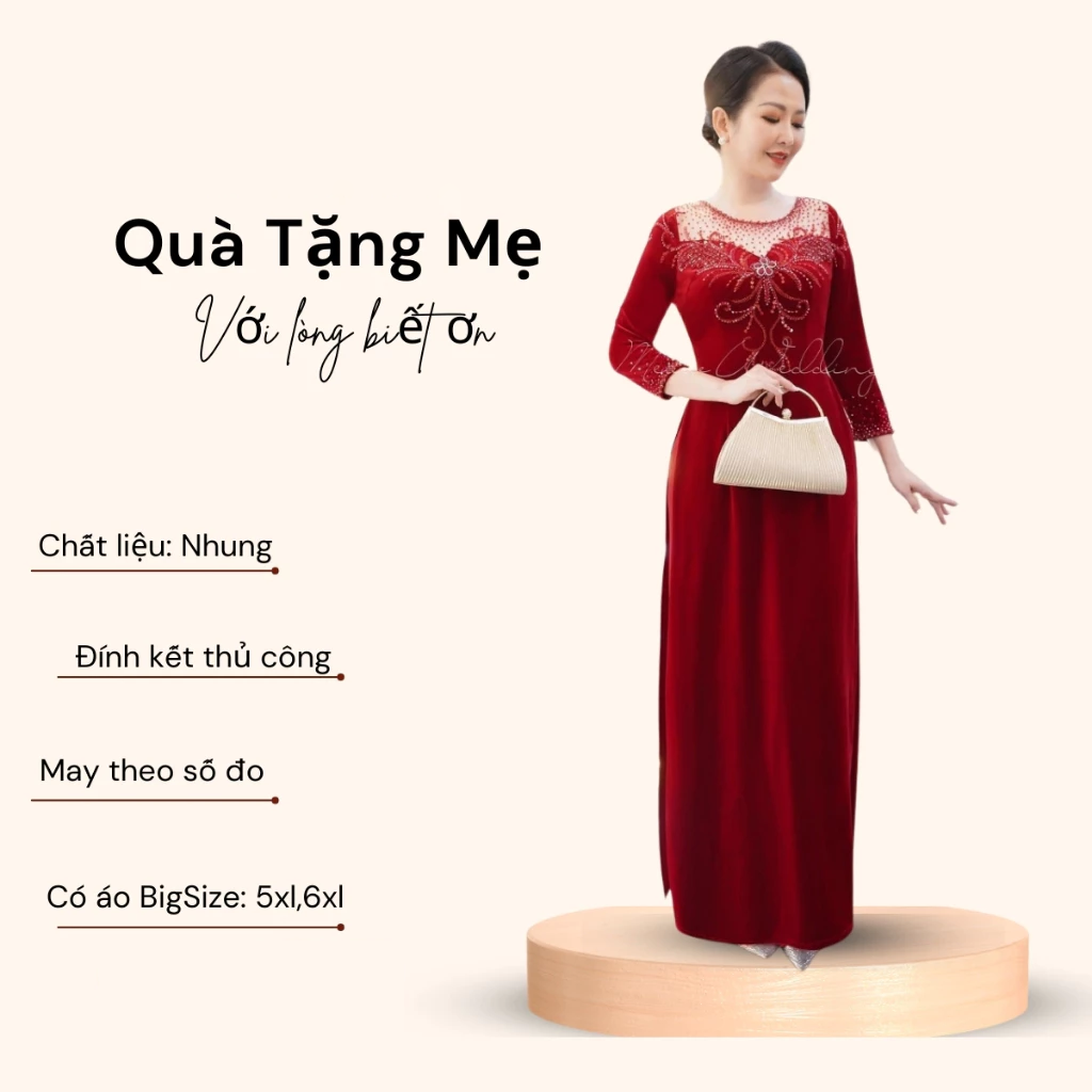 Áo dài đám hỏi dành cho các mẹ ngồi sui gia đẹp chất liệu nhung cao cấp có bigsize ADM06 - Ảnh 4