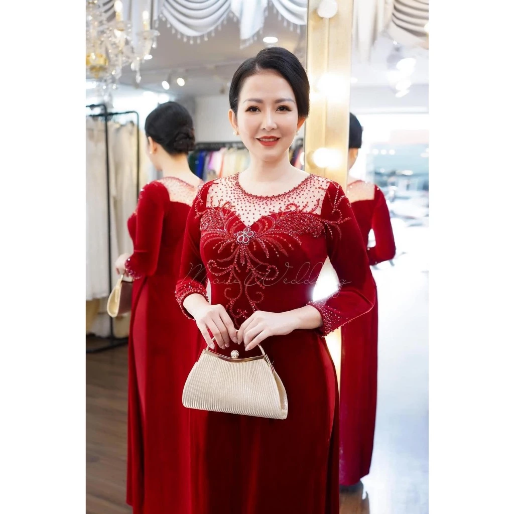 Áo dài đám hỏi dành cho các mẹ ngồi sui gia đẹp chất liệu nhung cao cấp có bigsize ADM06 - Ảnh 6