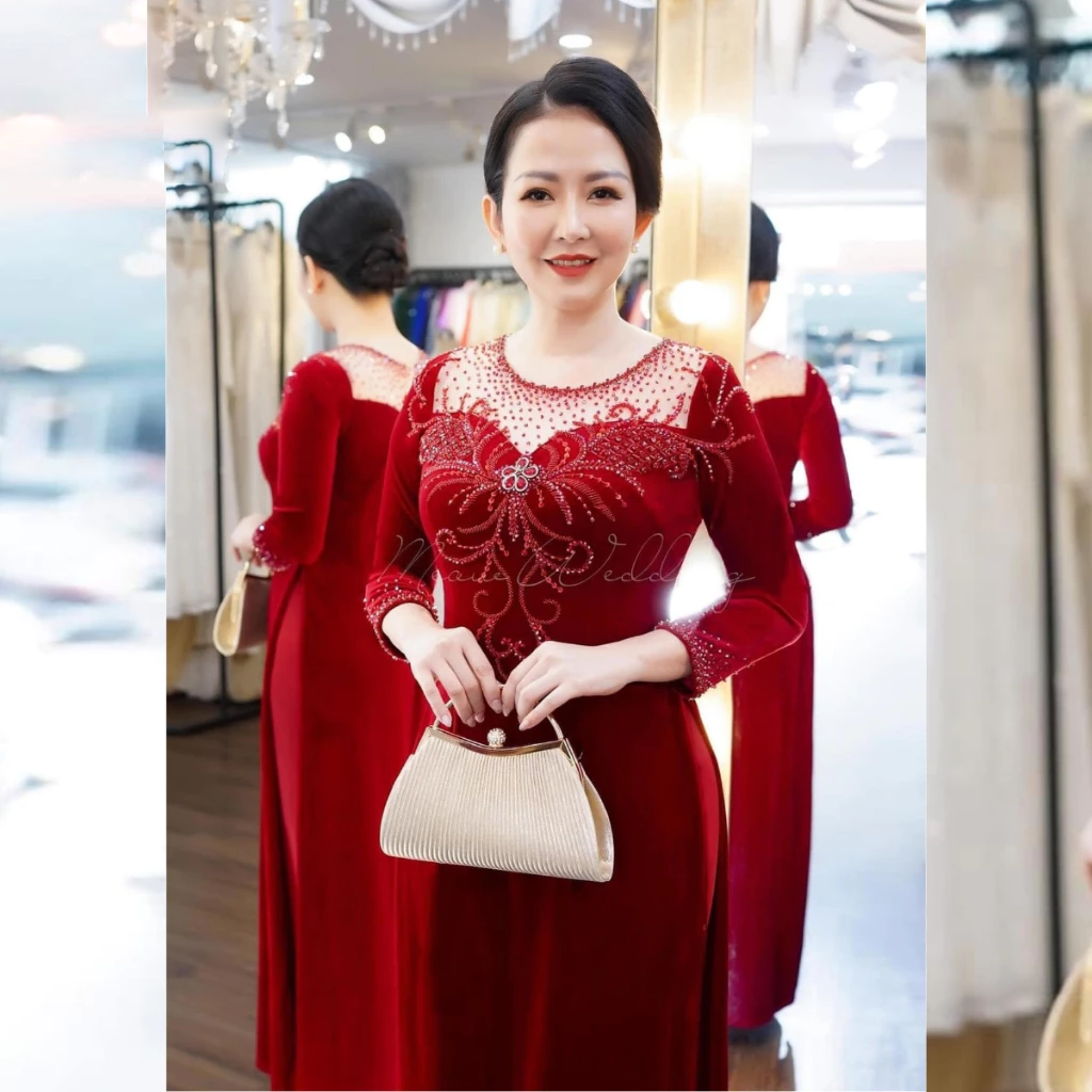 Áo dài đám hỏi dành cho các mẹ ngồi sui gia đẹp chất liệu nhung cao cấp có bigsize ADM06 - Ảnh 7