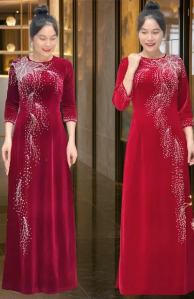 Áo Dài Cho Mẹ Chất Liệu Nhung Cao Cấp Đính Kết Thủ Công Phù Hợp Đi Đám cưới, Dự tiệc hay Ngồi sui ADM07 có bigsize