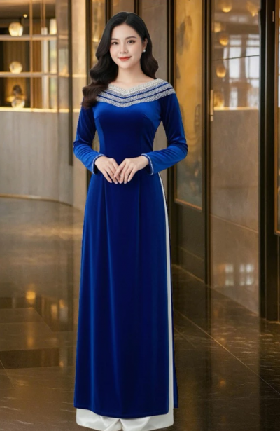 Áo dài bà sui chất liệu nhung màu xanh coban dành cho mẹ dự tiệc sang trọng ADM08 có bigsize