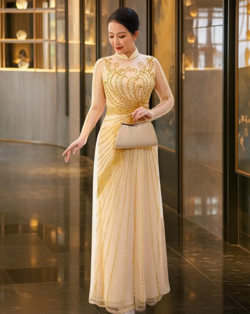 Áo dài bà sui cao cấp màu kem vàng sang trọng bigsize Áo dài ngồi sui đẹp cho mẹ trẻ ADM13 - Ảnh 4