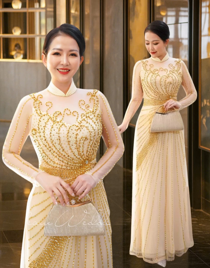 Áo dài bà sui cao cấp màu kem vàng sang trọng bigsize Áo dài ngồi sui đẹp cho mẹ trẻ ADM13 - Ảnh 5