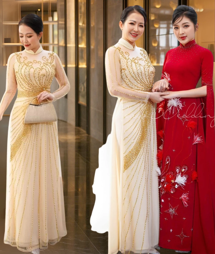 Áo dài bà sui cao cấp màu kem vàng sang trọng bigsize Áo dài ngồi sui đẹp cho mẹ trẻ ADM13 - Ảnh 6