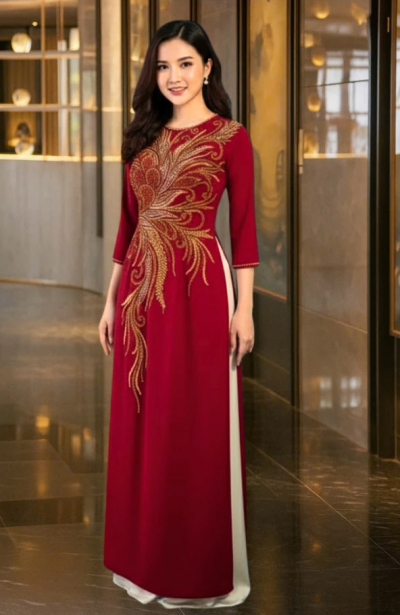 Áo dài sui gia - Áo dài cho mẹ cô dâu trẻ màu đỏ tươi chất liệu lụa 4 tà ADM14-1
