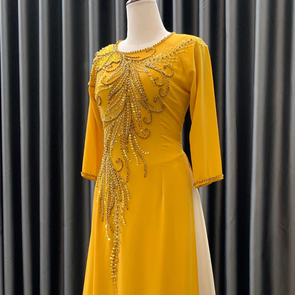 Áo dài sui - Áo dài cho mẹ trung niên mặc đi ăn cưới đính kết thủ công cap cấp ADM16 có bigsie - Ảnh 4