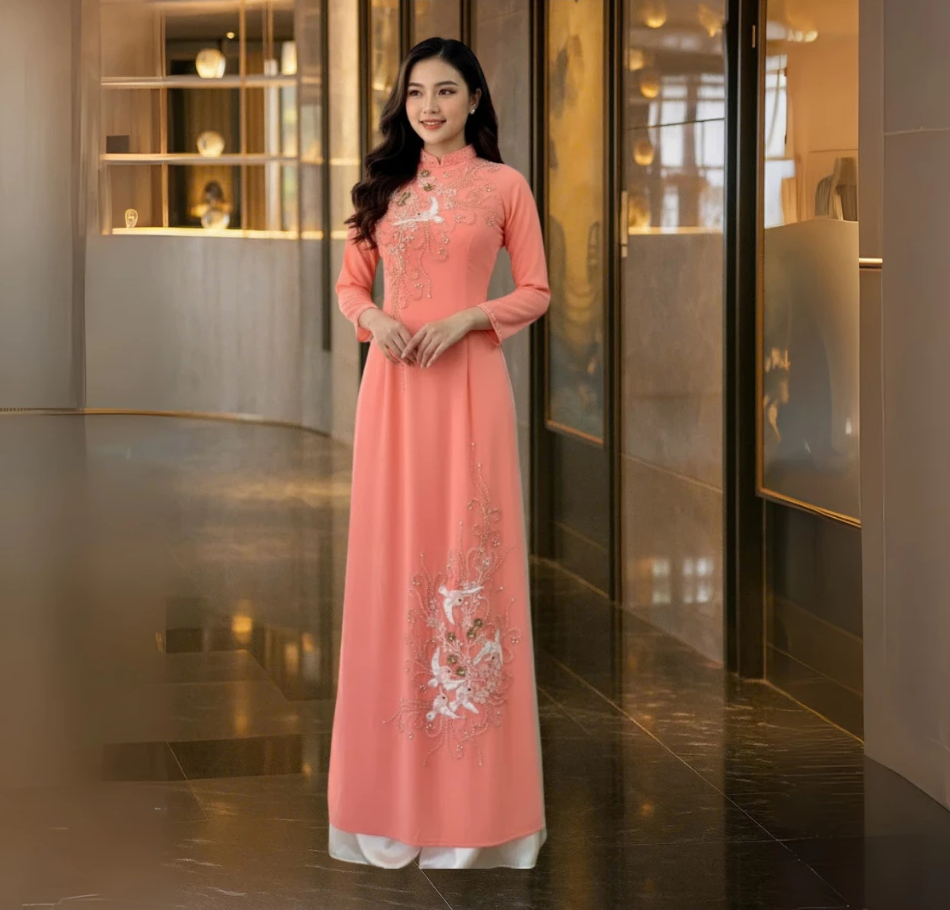 Áo dài bà sui - Áo dài cho mẹ cô dâu màu hồng trẻ trung chất liệu chifon 4 tà ADM20 có bigsize