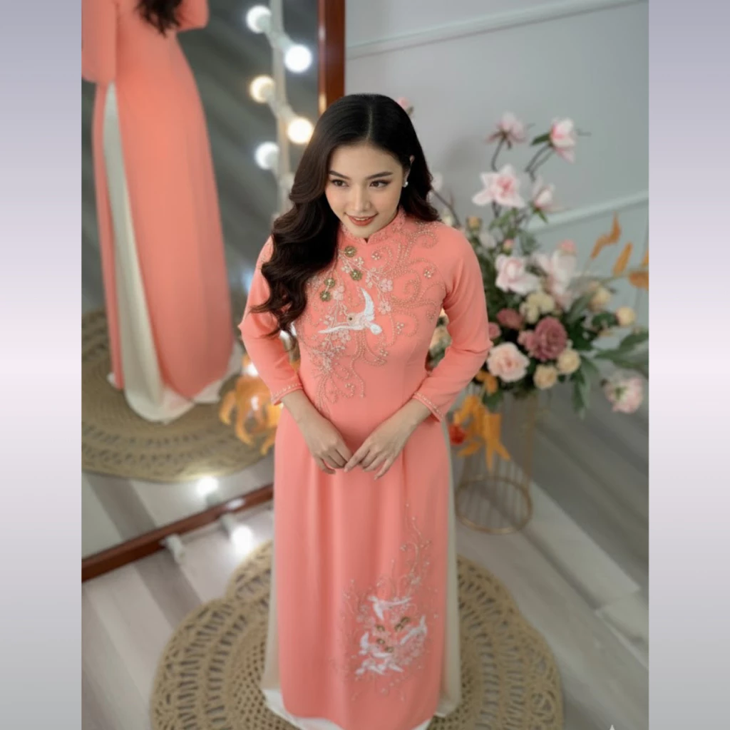 Áo dài bà sui - Áo dài cho mẹ cô dâu màu hồng trẻ trung chất liệu chifon 4 tà ADM20 có bigsize - Ảnh 4