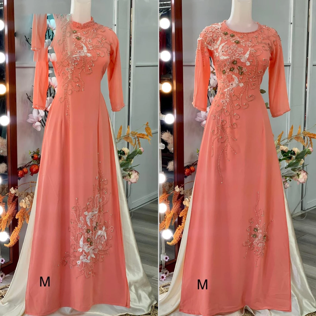 Áo dài bà sui - Áo dài cho mẹ cô dâu màu hồng trẻ trung chất liệu chifon 4 tà ADM20 có bigsize - Ảnh 5