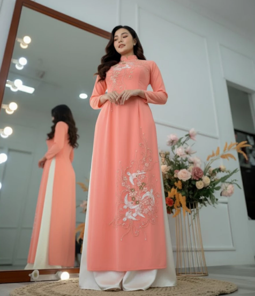 Áo dài bà sui - Áo dài cho mẹ cô dâu màu hồng trẻ trung chất liệu chifon 4 tà ADM20 có bigsize - Ảnh 6