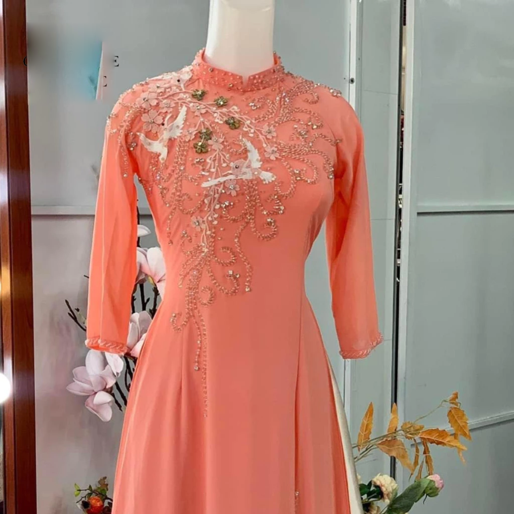 Áo dài bà sui - Áo dài cho mẹ cô dâu màu hồng trẻ trung chất liệu chifon 4 tà ADM20 có bigsize - Ảnh 7