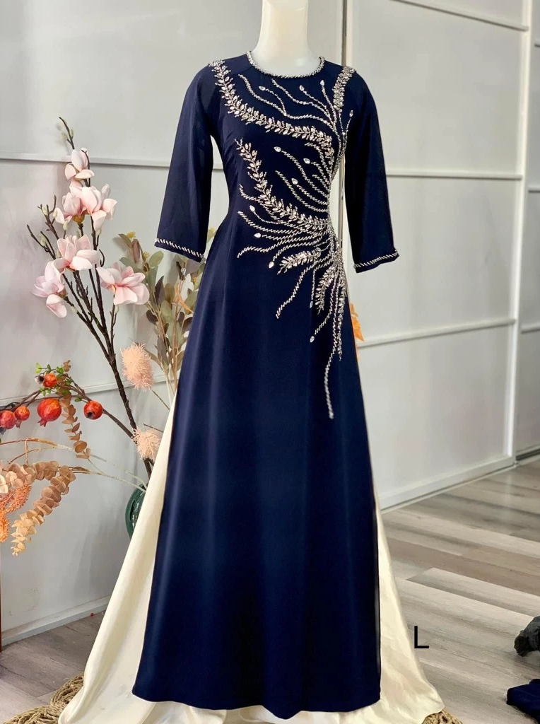 Áo dài bà sui màu xanh than cao cấp dành cho các mẹ đi dự tiệc ADM22 - Ảnh 5