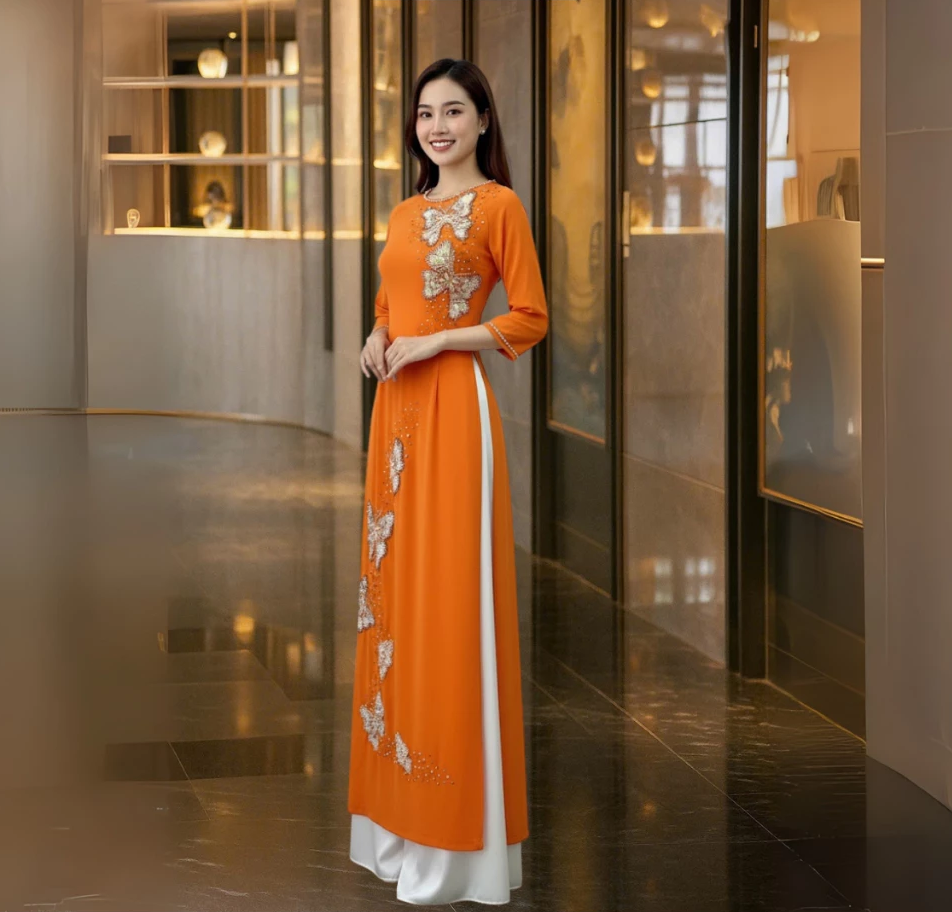Áo dài mẹ cô dâu màu vàng cam chất liệu lụa tơ ý thiết kế 4 tà cao cấp ADM22