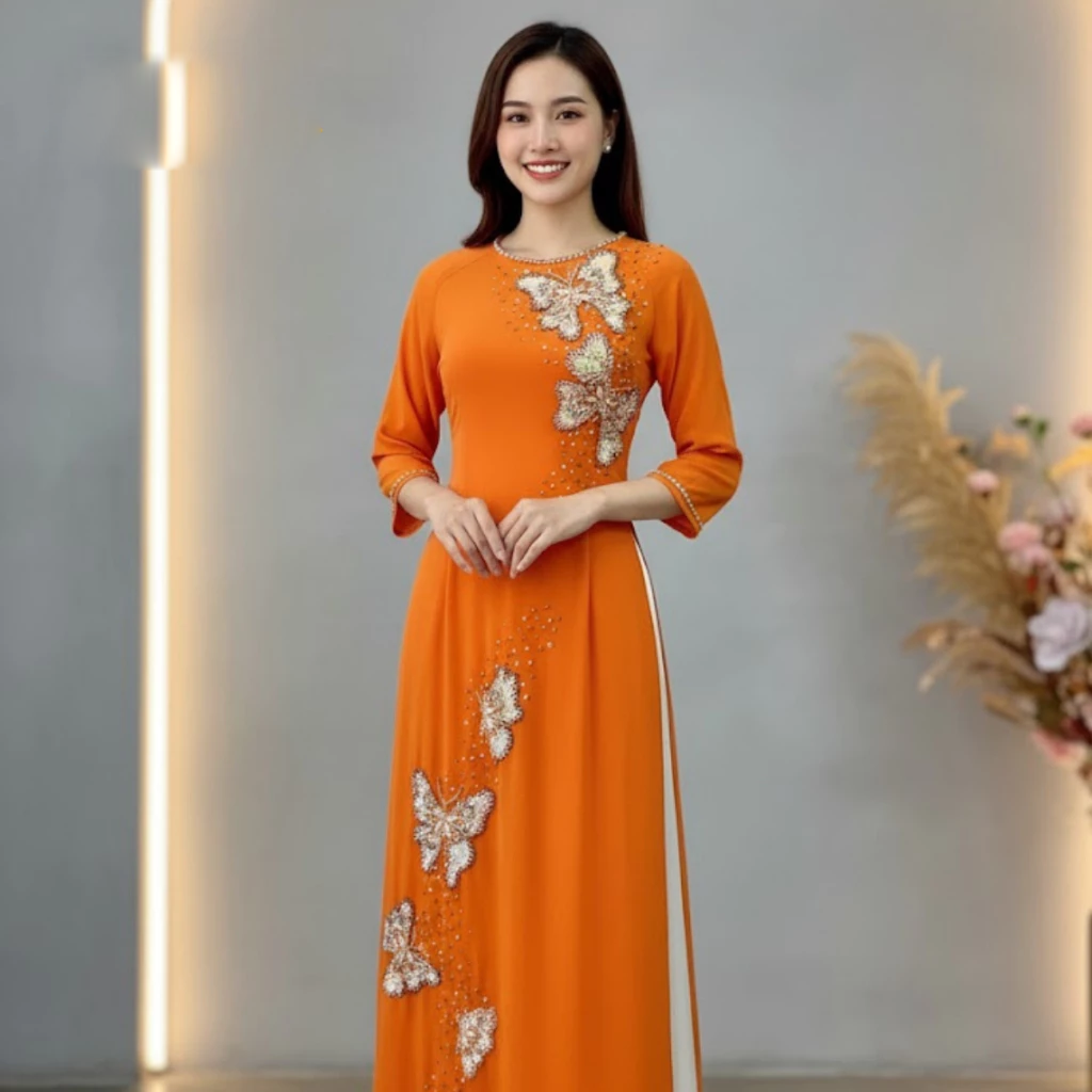 Áo dài mẹ cô dâu màu vàng cam chất liệu lụa tơ ý thiết kế 4 tà cao cấp ADM22 - Ảnh 3