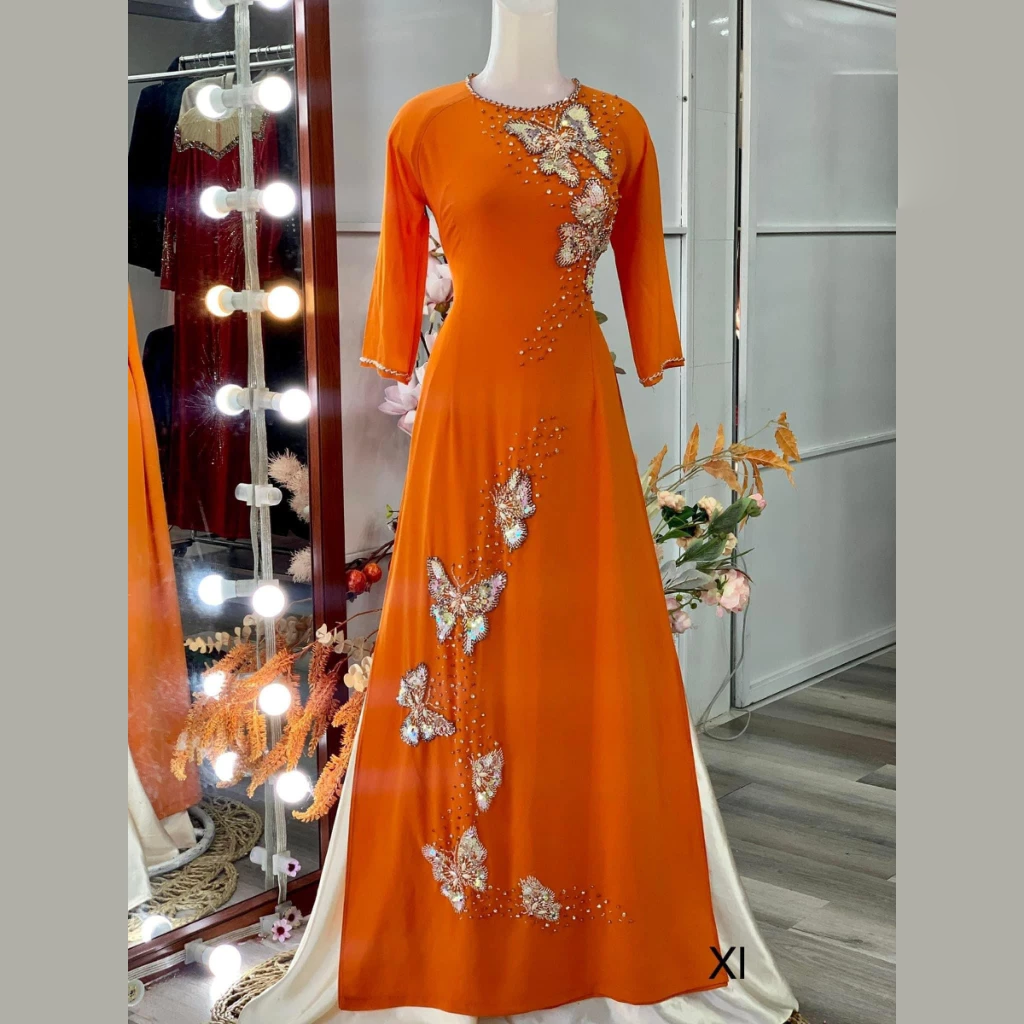 Áo dài mẹ cô dâu màu vàng cam chất liệu lụa tơ ý thiết kế 4 tà cao cấp ADM22 - Ảnh 4