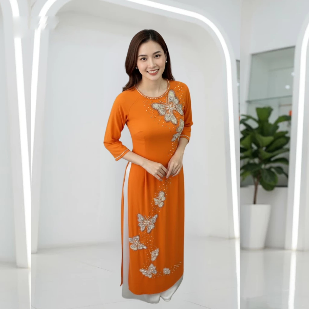 Áo dài mẹ cô dâu màu vàng cam chất liệu lụa tơ ý thiết kế 4 tà cao cấp ADM22 - Ảnh 5