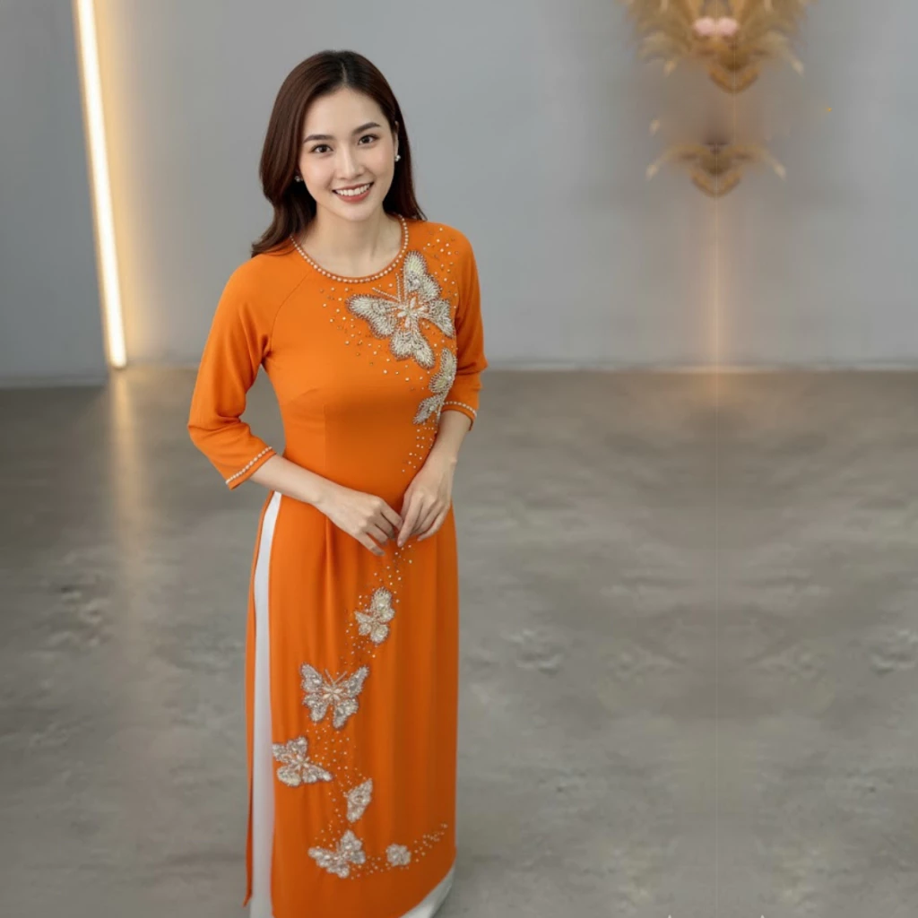 Áo dài mẹ cô dâu màu vàng cam chất liệu lụa tơ ý thiết kế 4 tà cao cấp ADM22 - Ảnh 6