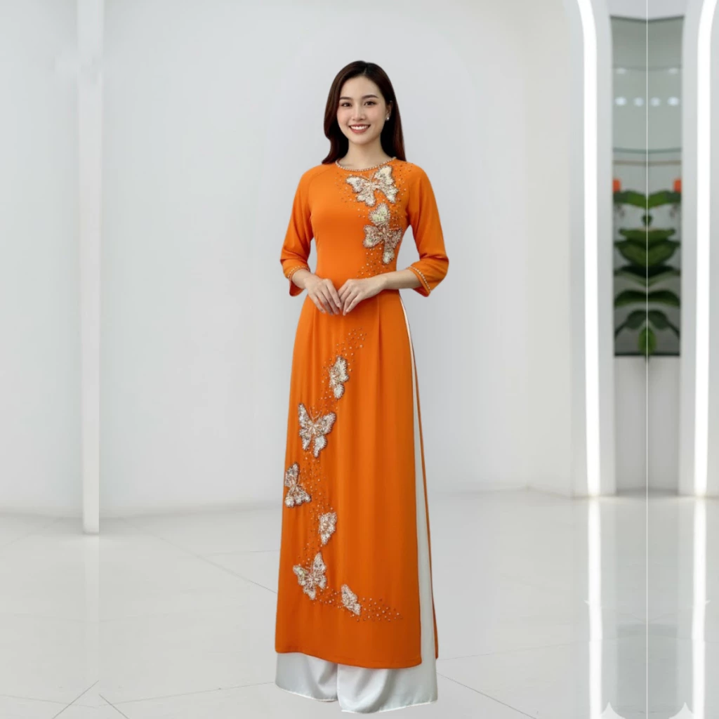 Áo dài mẹ cô dâu màu vàng cam chất liệu lụa tơ ý thiết kế 4 tà cao cấp ADM22 - Ảnh 7