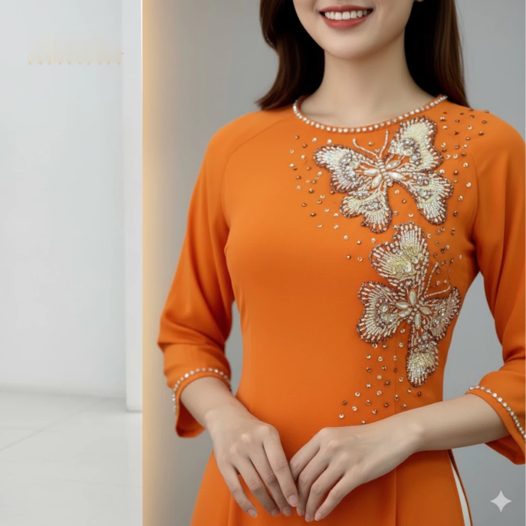 Áo dài mẹ cô dâu màu vàng cam chất liệu lụa tơ ý thiết kế 4 tà cao cấp ADM22 - Ảnh 8