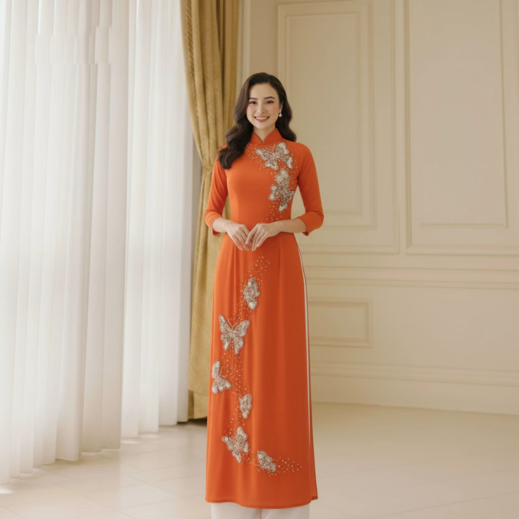 Áo dài mẹ cô dâu màu vàng cam chất liệu lụa tơ ý thiết kế 4 tà cao cấp ADM22 - Ảnh 9