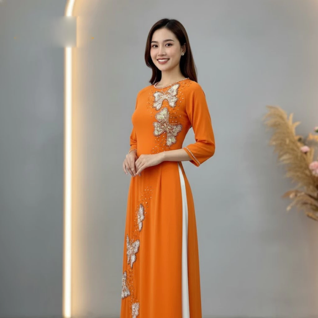 Áo dài mẹ cô dâu màu vàng cam chất liệu lụa tơ ý thiết kế 4 tà cao cấp ADM22 - Ảnh 10