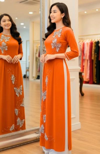 Áo dài bà sui cao cấp màu cam kết hồ điệp cao cấp ADM23