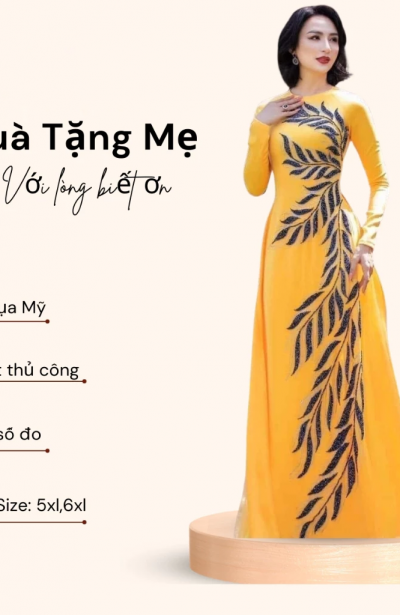 Áo dài trung niên - Áo dài ngồi sui cao cấp màu vàng đính đá ADM26