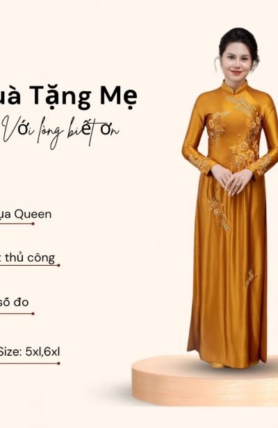 Áo dài bà sui màu vàng đồng thêu và đính đá cao cấp chất liệu lụa queen ADM29