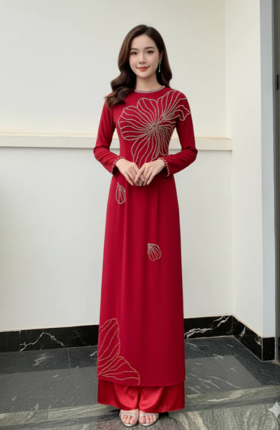 Áo dài ngồi sui màu đỏ đô đậm sang trọng cho các mẹ mặc cưới con ADM31