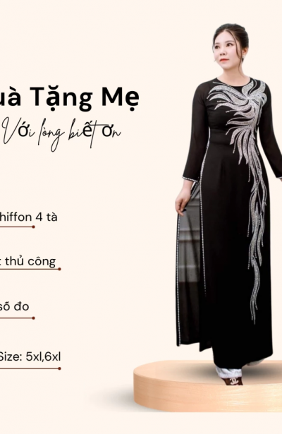 Áo dài bà sui chất liệu lụa chifon 4 tà màu đen đính đá kèm quần ADM36