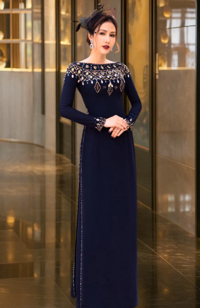 Áo dài ngồi sui cao cấp màu xanh than chất liệu lụa mango co giãn đính đá thủ công sang trọng ADM38