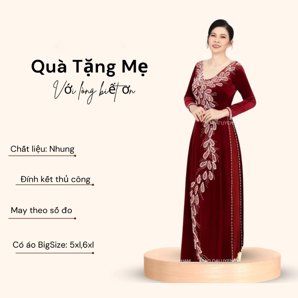 Áo dài xui gia chất liệu nhung màu đỏ đô đính đá kiểu đuôi công ADM44 có bigsize - Ảnh 2