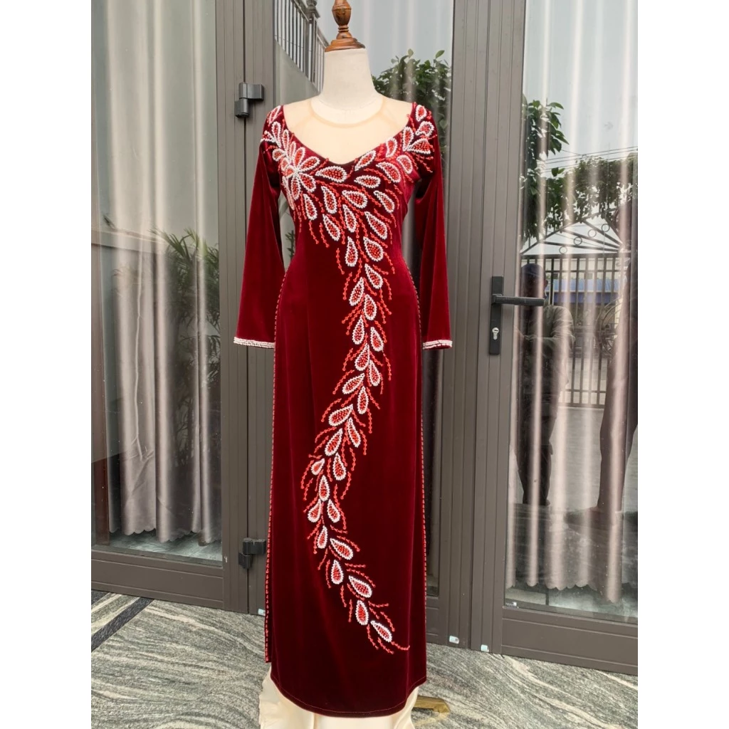 Áo dài xui gia chất liệu nhung màu đỏ đô đính đá kiểu đuôi công ADM44 có bigsize - Ảnh 6