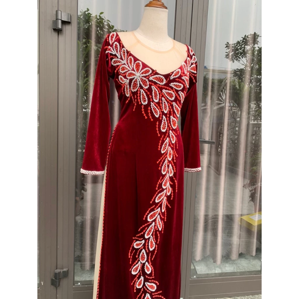 Áo dài xui gia chất liệu nhung màu đỏ đô đính đá kiểu đuôi công ADM44 có bigsize - Ảnh 7