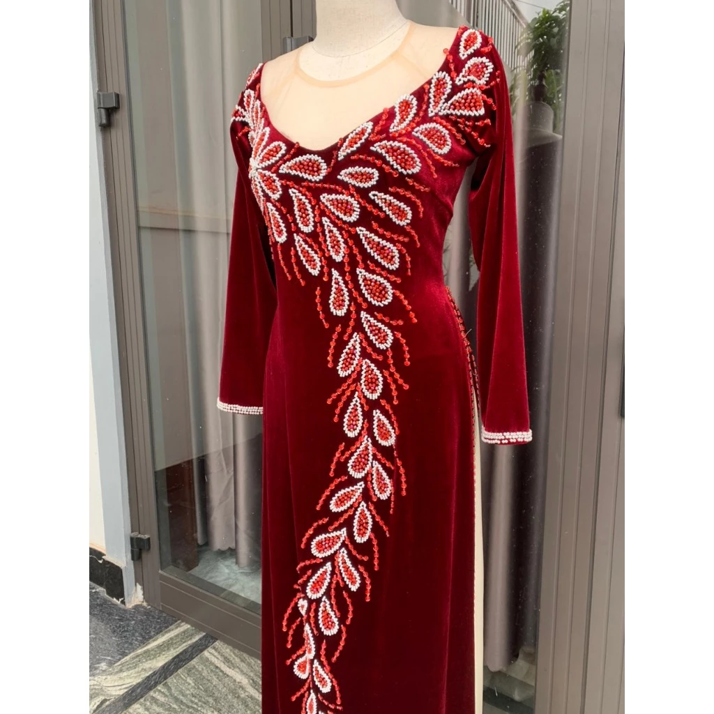 Áo dài xui gia chất liệu nhung màu đỏ đô đính đá kiểu đuôi công ADM44 có bigsize - Ảnh 8