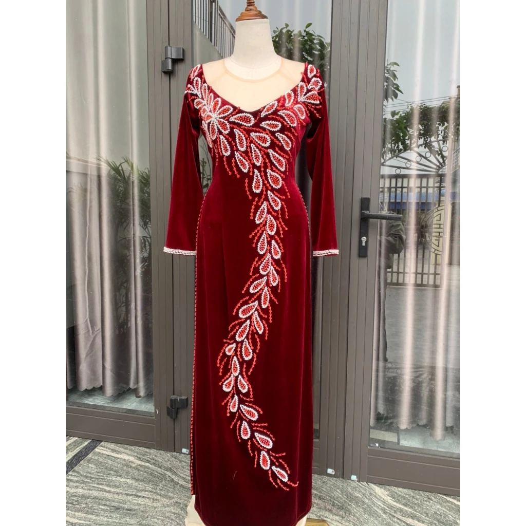 Áo dài xui gia chất liệu nhung màu đỏ đô đính đá kiểu đuôi công ADM44 có bigsize - Ảnh 9