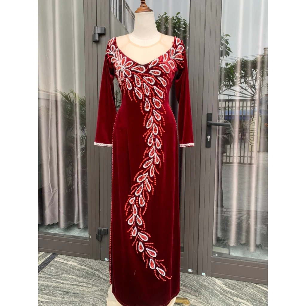 Áo dài xui gia chất liệu nhung màu đỏ đô đính đá kiểu đuôi công ADM44 có bigsize - Ảnh 10