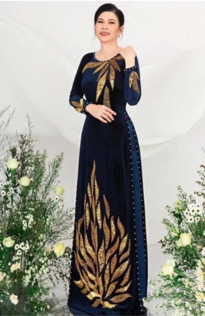Áo dài nhung cao cấp cho mẹ ngồi sui đính kết thủ công sang trọng có bigsize ADM59