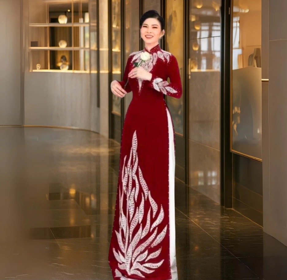 Áo dài trung niên - Áo dài ngồi sui chất liệu nhung cao cấp màu đỏ sang trọng cho các mẹ đi dự tiệc ADM60 có bigsize - Ảnh 2