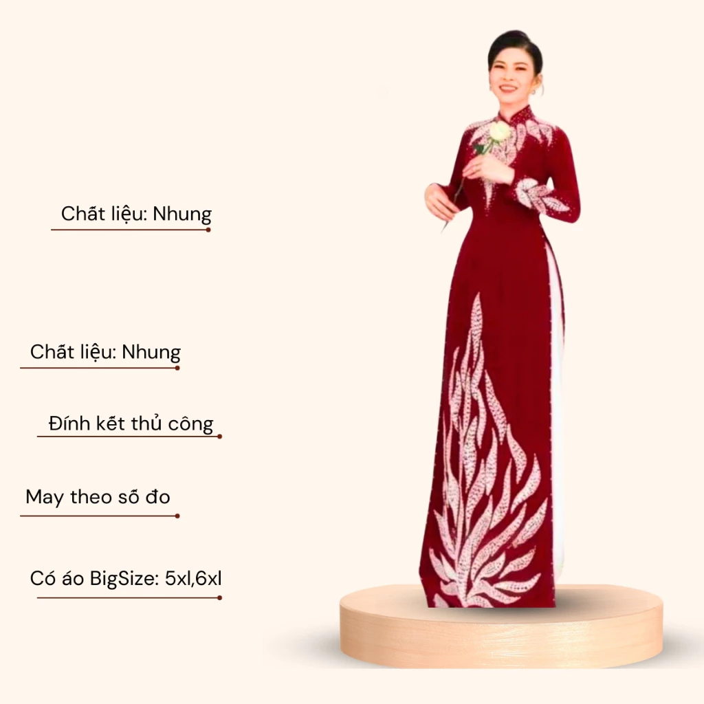 Áo dài trung niên - Áo dài ngồi sui chất liệu nhung cao cấp màu đỏ sang trọng cho các mẹ đi dự tiệc ADM60 có bigsize