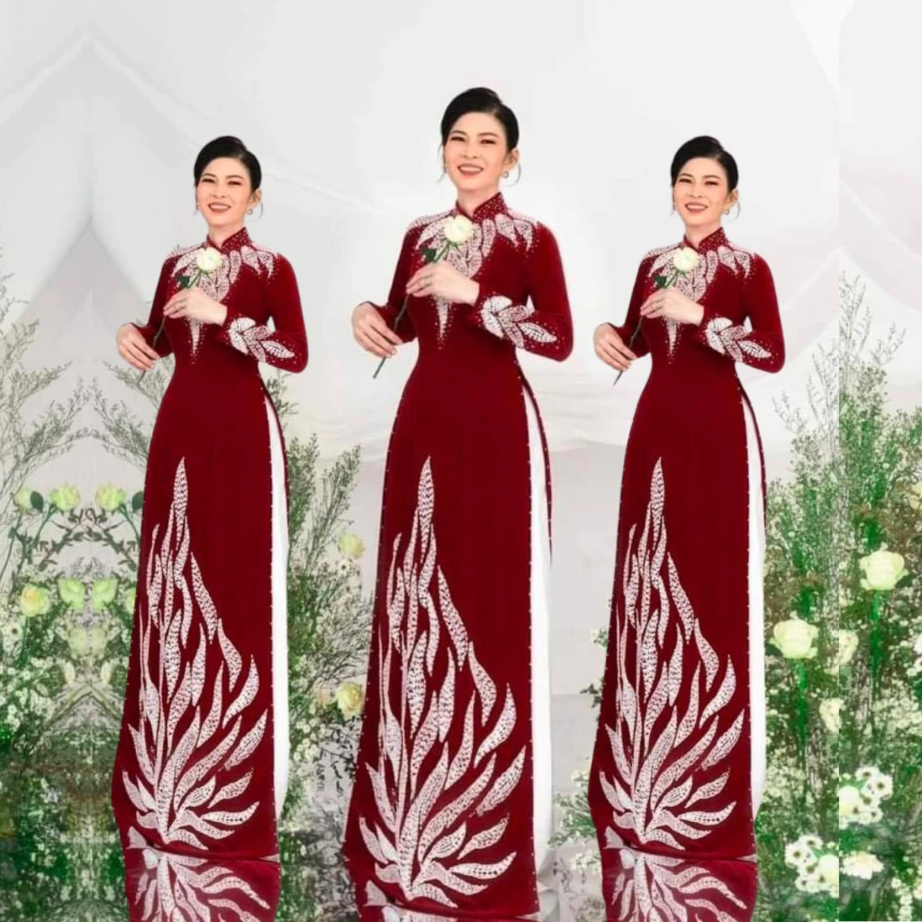Áo dài trung niên - Áo dài ngồi sui chất liệu nhung cao cấp màu đỏ sang trọng cho các mẹ đi dự tiệc ADM60 có bigsize - Ảnh 5