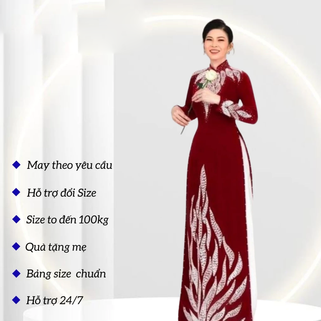 Áo dài trung niên - Áo dài ngồi sui chất liệu nhung cao cấp màu đỏ sang trọng cho các mẹ đi dự tiệc ADM60 có bigsize - Ảnh 8